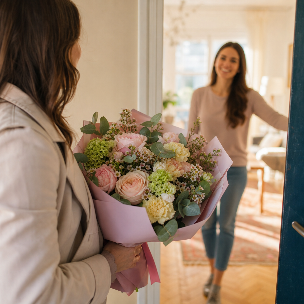 Buchet de flori pastel oferit la o vizită între prieteni