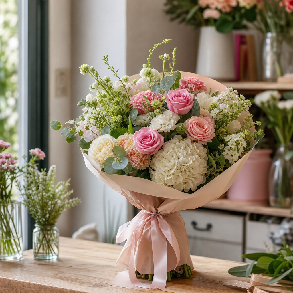 Buchet de flori de sezon așezat pe o masă luminoasă