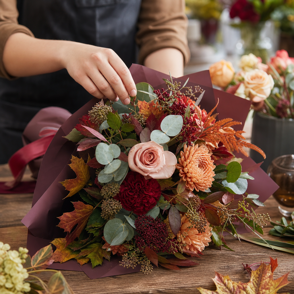 Maini care aranjeaza un buchet de toamna cu verdeata si flori burgundy