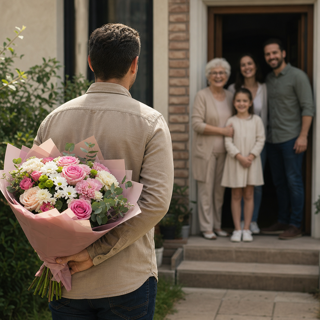 Persoană care duce cu grijă un buchet de flori la o aniversare de familie